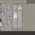 Modern Wardrobe With White Cabinets Open Shelves Marble Texture And Sliding Glass Doors