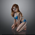 Female Character in Blue Bikini With Long Red Hair Kneeling Against Black Background