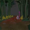 Cute Cartoon Forest Scene With Tall Trees Dirt Path Puddles Animal Character And Green Plants