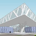 Modern Geometric Building With Glass Curtain Wall Spacious Plaza Striped Pavement Green Lawns And Pedestrians