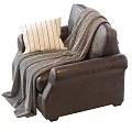Brown Leather Single Sofa with Herringbone Pattern Blanket and Striped Pillow 3d model