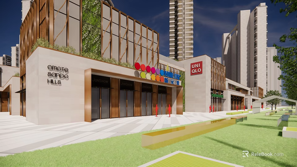 Modern Commercial Street Shopping Hub Featuring Colorful Circular Decorations High Rise Buildings And Green Lawn 3d model 