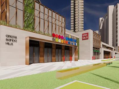 Modern Commercial Street Shopping Hub Featuring Colorful Circular Decorations High Rise Buildings And Green Lawn 3d model