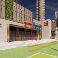 Modern Commercial Street Shopping Hub Featuring Colorful Circular Decorations High Rise Buildings And Green Lawn