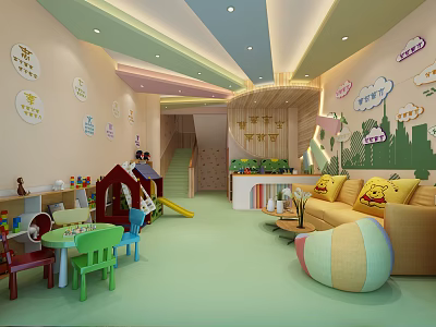 Colorful Kindergarten Play Area With Slide Colorful Tables Chairs Cartoon Wall Decorations And Sofa 3d model