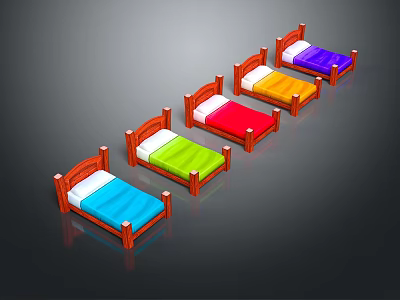 Single Beds With Wooden Headboards And Colorful Bed Sheets In Various Hues Arranged On Dark Background 3d model
