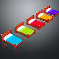 Single Beds With Wooden Headboards And Colorful Bed Sheets In Various Hues Arranged On Dark Background 3d model