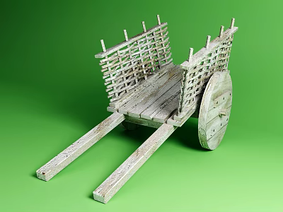 Vintage Wooden Cart With Woven Sides Large Wheel And Long Handles On Green Background 3d model