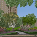 Beautiful Residential Landscape With Beige Building Lush Trees Pink Flowers And Brick Pathway