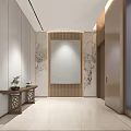 Minimalist Elevator Hallway Interior Design With Wooden Walls Mirror And Potted Plant