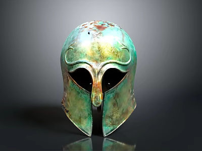 Ancient Greek Bronze Helmet Sculptural Carving With Ornate Patina Surface And Symmetrical Patterns 3d model