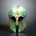 Ancient Greek Bronze Helmet Sculptural Carving With Ornate Patina Surface And Symmetrical Patterns