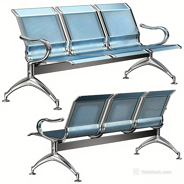 Public Three Seat Chair With Metal Frame And Blue Mesh Seats For Public Areas 3d model 
