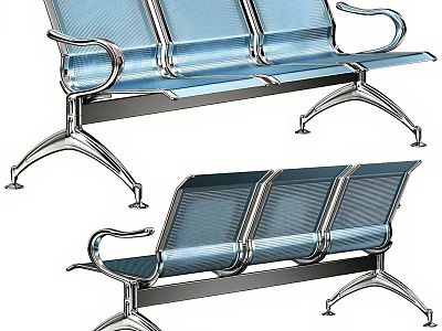 Public Three Seat Chair With Metal Frame And Blue Mesh Seats For Public Areas 3d model