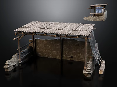 Rustic Wooden Tent With Weathered Plank Roof And Fabric Side Panels 3d model