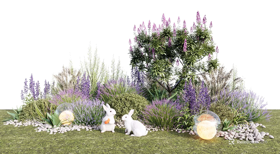 Garden Plant Combination With Purple Flowers Green Shrubs White Rabbits And Bubble Lights 3d model 