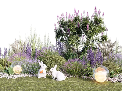 Garden Plant Combination With Purple Flowers Green Shrubs White Rabbits And Bubble Lights 3d model