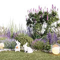 Garden Plant Combination With Purple Flowers Green Shrubs White Rabbits And Bubble Lights