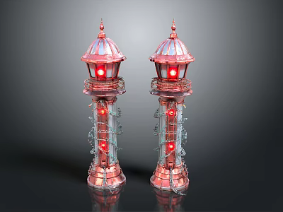 Two Red Decorative Lighthouse Models With Transparent Sections And Red Lights 3d model