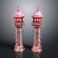 Two Red Decorative Lighthouse Models With Transparent Sections And Red Lights