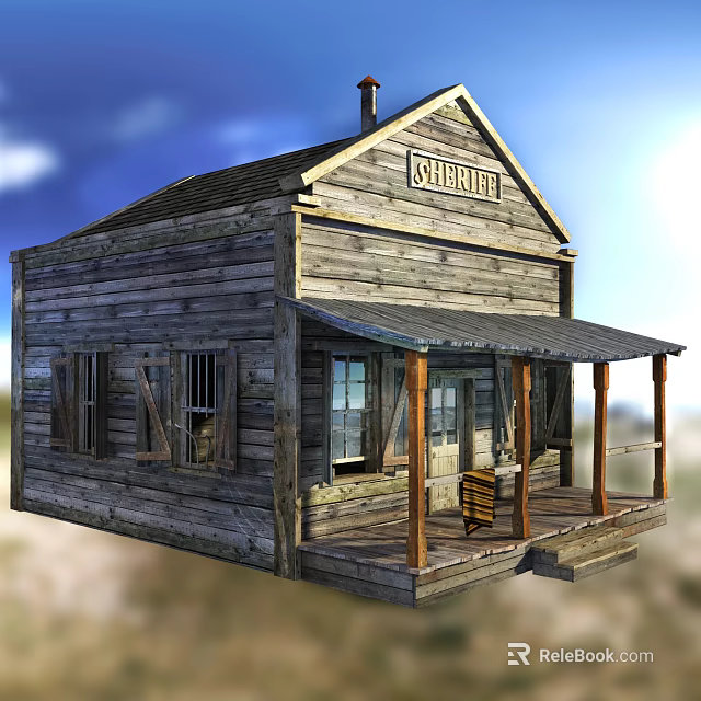 Vintage Wooden Cabin With Porch Bench General Store Sign Sloped Roof And Chimney 3d model 