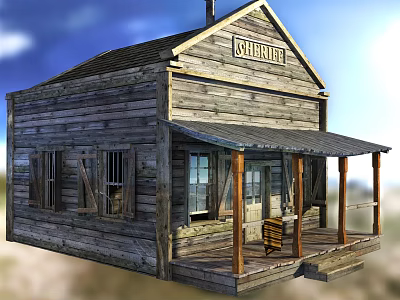 Vintage Wooden Cabin With Porch Bench General Store Sign Sloped Roof And Chimney 3d model