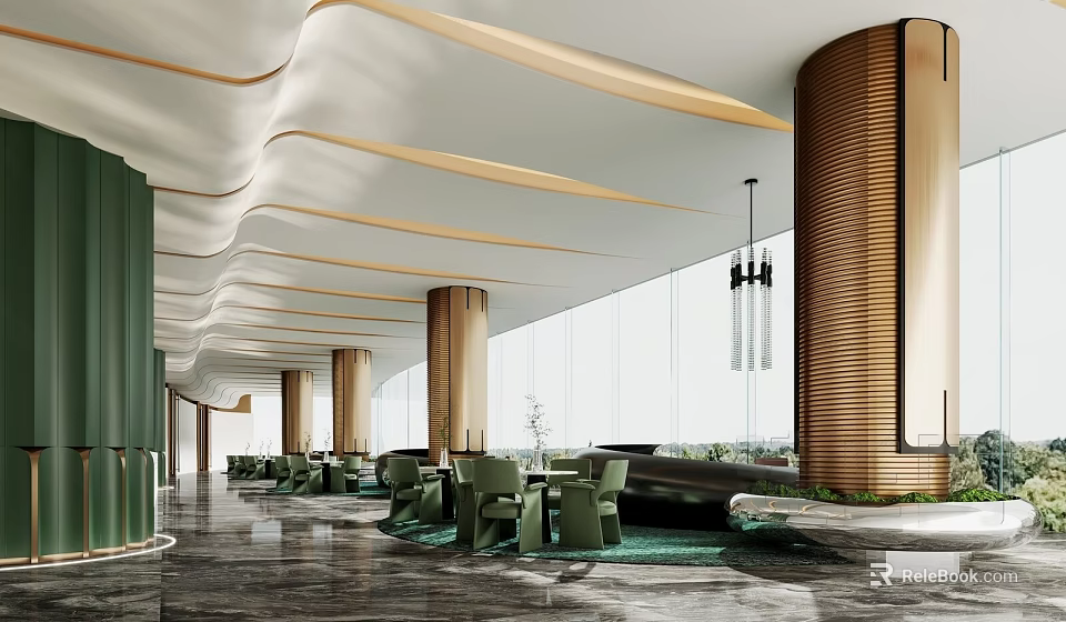 Contemporary Leisure Area Design With Plush Sofas Greenery And Floor To Ceiling Windows 3d model