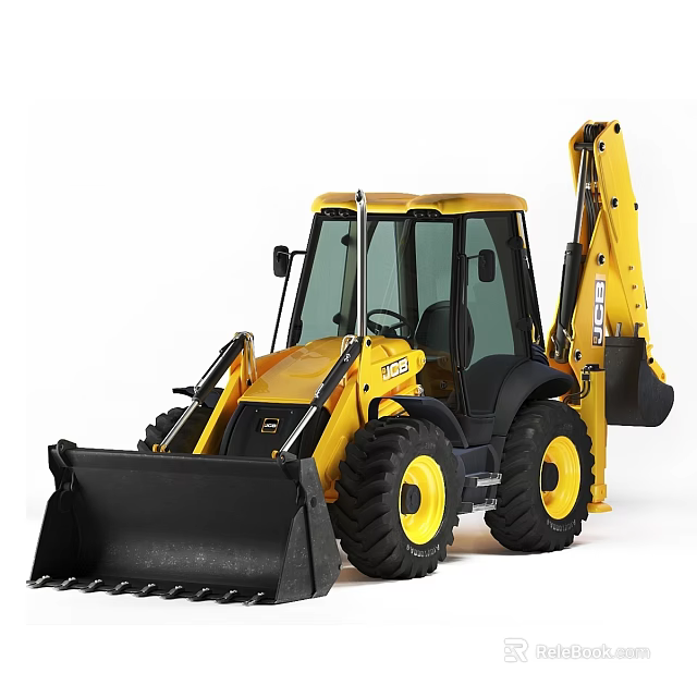 Yellow Backhoe Loader Vehicle Featuring Front Loader Bucket And Backhoe Arm 3d model 