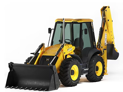 Yellow Backhoe Loader Vehicle Featuring Front Loader Bucket And Backhoe Arm 3d model