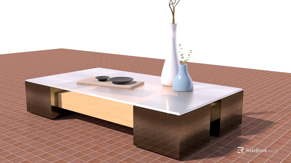 Modern Coffee Table With White Tabletop Wooden Metal Frame Tray Black Plates And Vases 3d model 