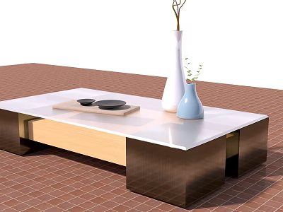 Modern Coffee Table With White Tabletop Wooden Metal Frame Tray Black Plates And Vases 3d model