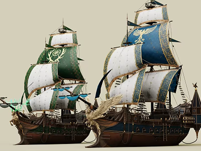 Colorful Sailing Ships With Green And Blue Sails Decorative Details And Wooden Hulls 3d model