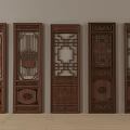Traditional Chinese Wooden Carved Doors with Intricate Patterns and Decorative Designs Arranged in a Row