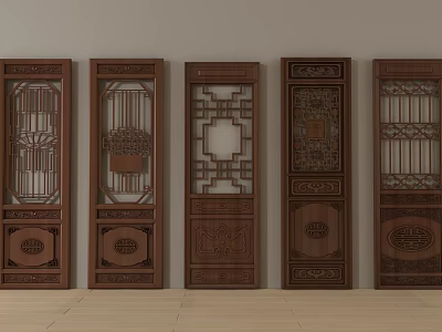 Traditional Chinese Wooden Carved Doors with Intricate Patterns and Decorative Designs Arranged in a Row 3d model