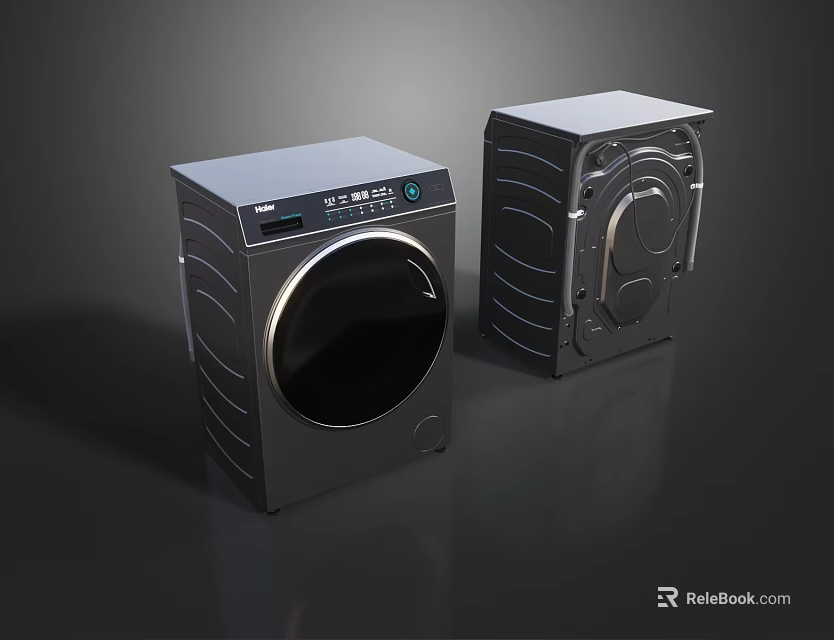 Two Modern Black Washing Machines With Sleek Design And Control Panel 3d model