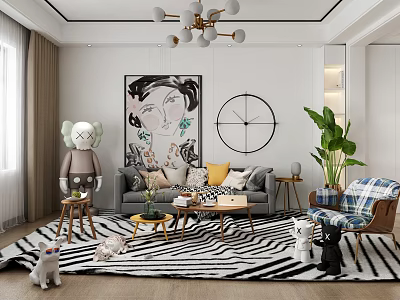 Modern Living Room Interior With Gray Sofa Zebra Striped Rug Abstract Painting And Green Plant 3d model