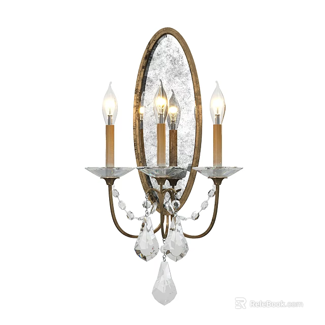 Vintage Brass Wall Sconce With Candle Style Lights And Crystal Pendants Mirror Backplate Design 3d model 