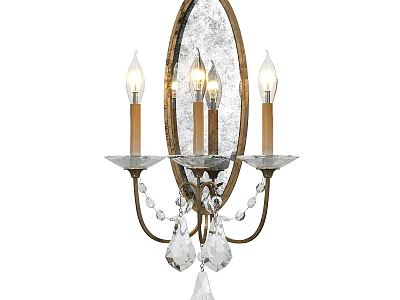 Vintage Brass Wall Sconce With Candle Style Lights And Crystal Pendants Mirror Backplate Design 3d model