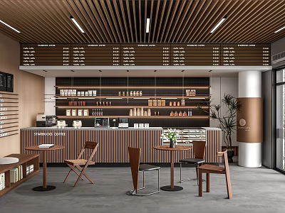 Modern Cafe Interior Design With Wooden Bar Counter Coffee Display Tables Chairs And Green Plants 3d model