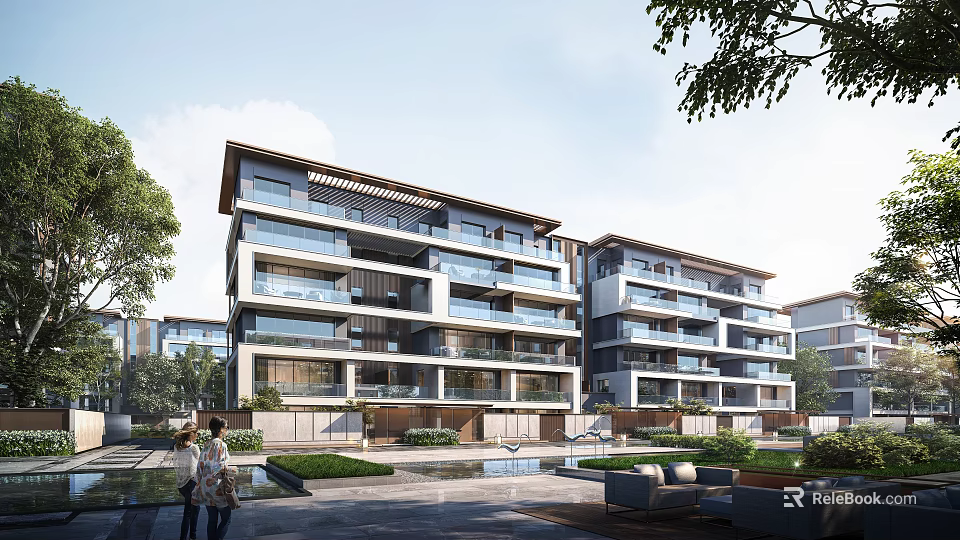 Modern Detached Villa with Multi Storey Balconies Large Glass Windows and Landscaped Greenery Water Features 3d model 