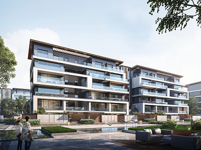 Modern Detached Villa with Multi Storey Balconies Large Glass Windows and Landscaped Greenery Water Features 3d model