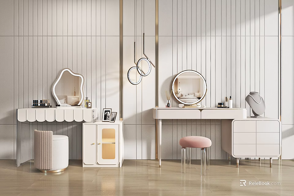Elegant Modern Dressing Table With Round Mirror Pink Stool Drawer Cabinet And Decor 3d model