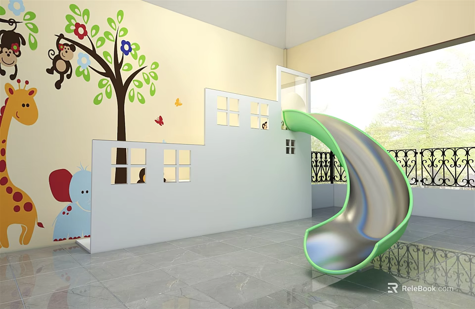 Indoor Playground Equipment With Green and Silver Slide And Cartoon Wall Decorations 3d model 
