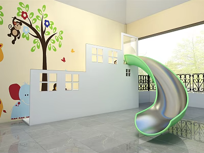 Indoor Playground Equipment With Green and Silver Slide And Cartoon Wall Decorations 3d model