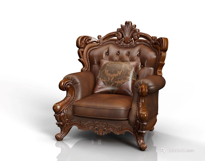 Vintage Carved Brown Leather Single Sofa With Decorative Pillow And Wooden Frame 3d model 