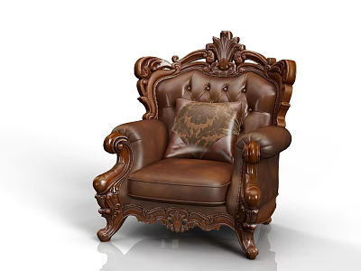 Vintage Carved Brown Leather Single Sofa With Decorative Pillow And Wooden Frame 3d model
