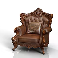 Vintage Carved Brown Leather Single Sofa With Decorative Pillow And Wooden Frame