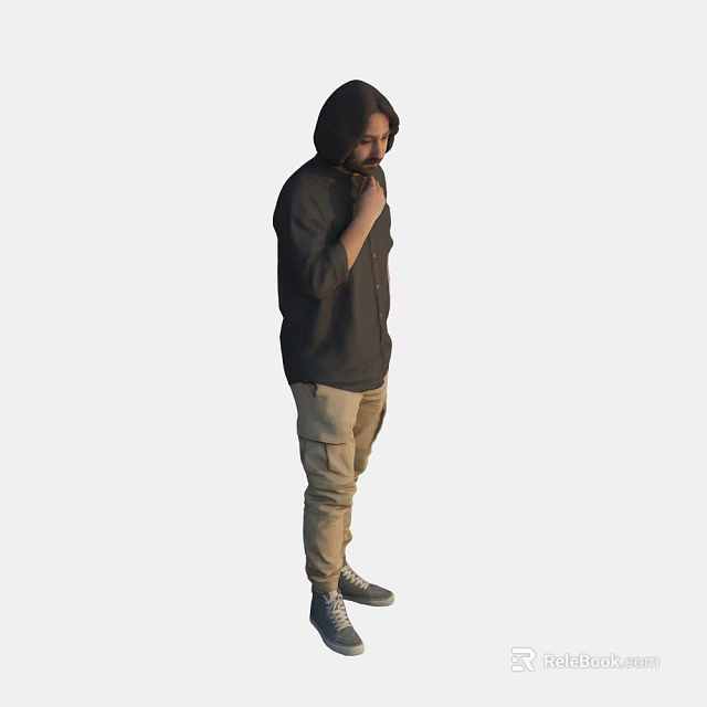Man in Black Hoodie Standing with Hands Near Mouth Wearing Khaki Pants and Sneakers 3d model 