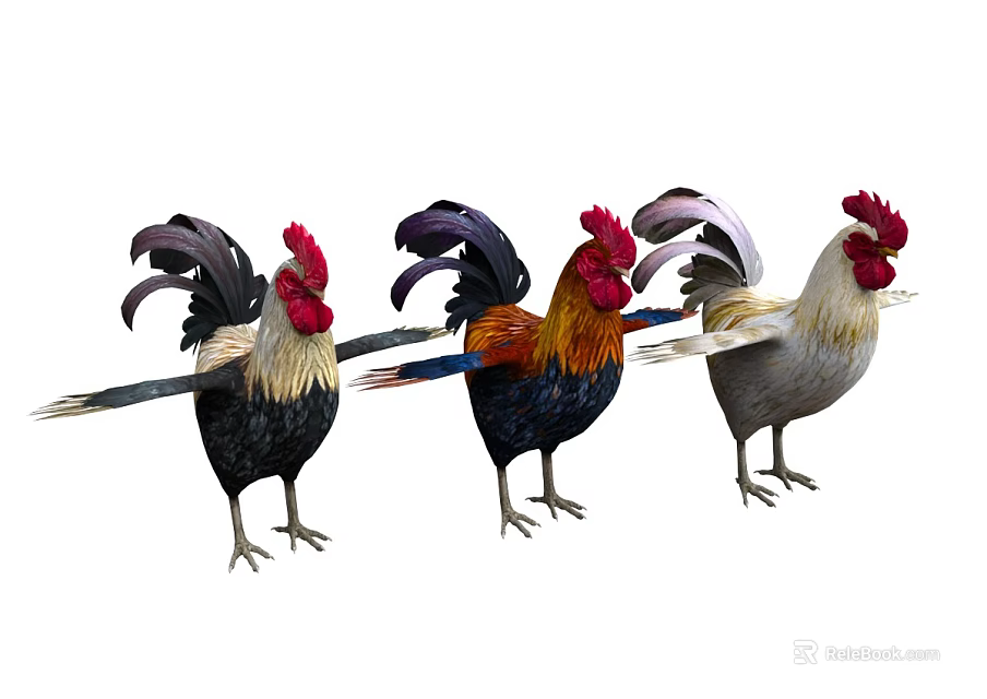 Three Colorful Roosters Standing with Vibrant Plumage and Red Combs 3d model 