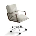 Modern Minimalist Office Chair With Light Beige Leather Wooden Armrests And Silver Metal Base